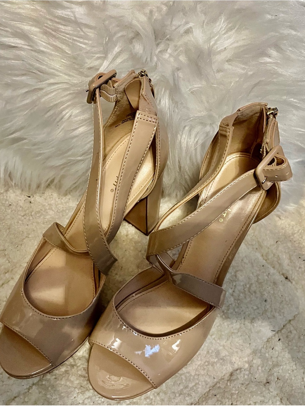 Limelight Beige Patent Block Heel Sandals with Ankle Straps